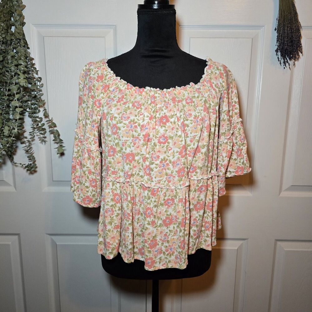 American Eagle Coral Cream Off Shoulder Bell Sleeve Flowy Crop Blouse Large